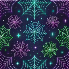 Wall Mural - glowing neon spiderwebs halloween seamless pattern background design