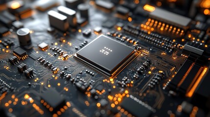 Close - up of a High - tech Printed Circuit Board with Central Chip