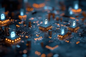 a blue circuit board with white icons of locks and binary code, representing the concept of data sec