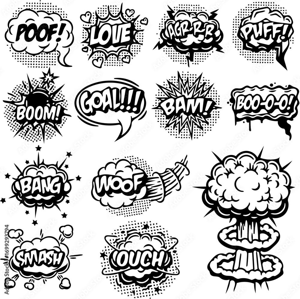 Comic book style speech bubbles and sound effects, various shapes and ...