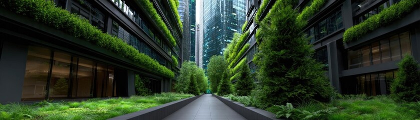 Business people walking in green downtown concept. Modern urban pathway lined with greenery and sleek skyscrapers.