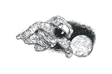 Wall Mural - Astronaut reaching for moon on transparent background image. Vector hand drawn illustration