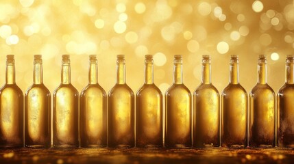 Row of golden bottles against a bokeh background.