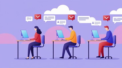 Illustrated people working at computers, with notification speech bubbles