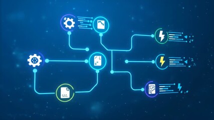 Automated flowchart with glowing icons connected by lines illustrating data processing, energy transfer, and digital network connection in continuous automation process design