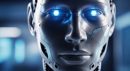 Futuristic Robot Face with Glowing Blue Eyes and Metallic Skin