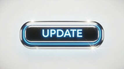 Update button with glowing neon, an oblong update button in metal frame. Digital update button technology offers modern metallic sheen and luminosity. Concept update button for information technology,