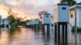 Flooded Residential Area with Utility Boxes Above Water Level During Surreal Sunset Sky Reflection