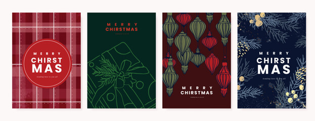 Wall Mural - Christmas and Happy holiday greeting card vector set. Elegant wallpaper with pine leaves, gift, bauble, pinecone. Holidays design illustration for cover, print, poster, Happy New Year, ads.