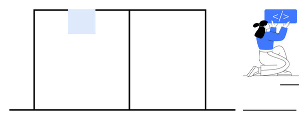 woman kneeling while holding a coding screen, working beside a structured layout. ideal for technolo