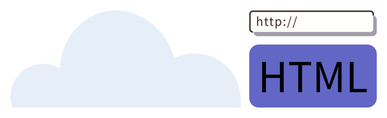 Cloud symbol next to a text field labeled HTML. Ideal for cloud storage, web hosting, online coding, software development, digital technology, connectivity, simple flat metaphor