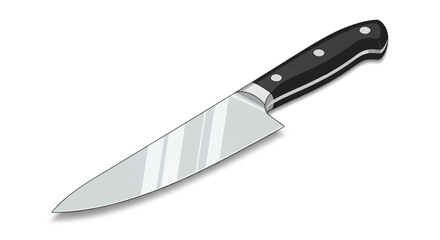 A single professional chef's knife with a shiny steel blade and black handle. Vector illustration of a kitchen utensil for cutting and cooking, isolated on white