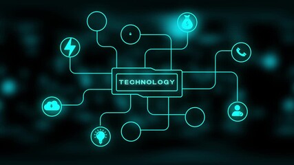 Abstract network diagram with the word TECHNOLOGY in a central glowing box and teal lines connecting to circular nodes on a dark blurred background