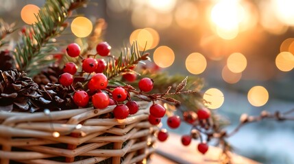 Wall Mural - christmas basket with pine cones, red berries and fir branches at sunset