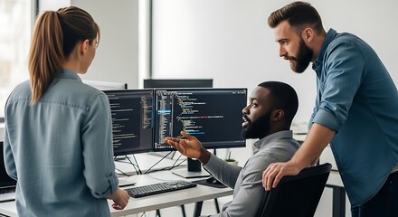 Team of programmers collaborating around computer screens in modern office setting focused on coding