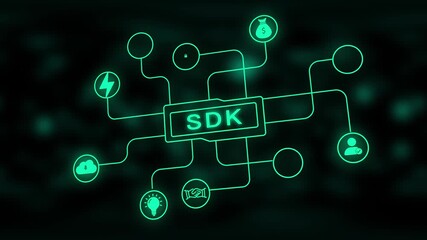 Neon Green SDK Network Diagram on Dark Blurred Background Software Development Kit programming