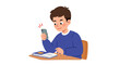 © embuh - Young man using a smartphone while studying at his desk illustration featuring chatting, cheerful, cellphone,