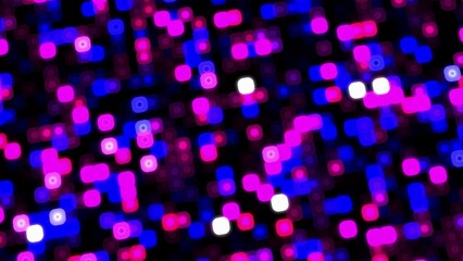 Abstract background of blurred pink and blue square and circular lights on black bokeh