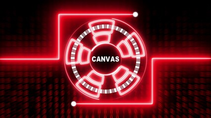 Futuristic Neon Red Circular Interface with CANVAS Text on Binary Code Background technology digital