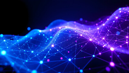 Abstract digital network visualization featuring interconnected nodes, glowing lines, and a wave-like structure.