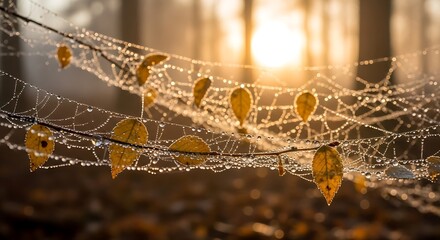 Stunning dew-kissed spiderweb with golden fall leaves glistening in warm morning sunlight, perfect for autumn nature themes