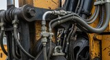 Closeup of hydraulic hoses and pipes on a yellow construction machine