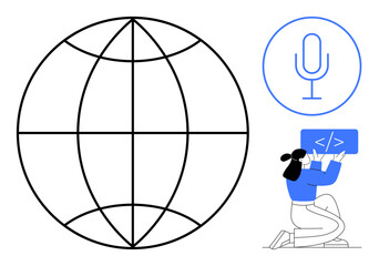 Globe outline, microphone icon, woman holding coding screen, kneeling. Ideal for technology, coding, global outreach, communication, software education simple landing page