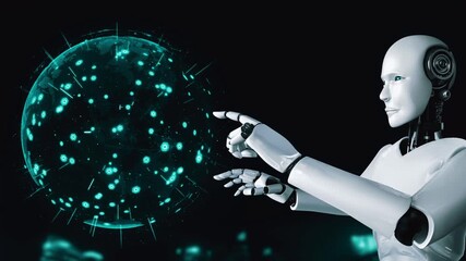 Wall Mural - ai hominoid robot touching virtual hologram screen showing concept of big data analytic using artifi