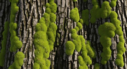 Closeup of a tree trunk covered in bright green moss The bark is deeply textured dark brown and cracked