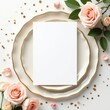 © Reazy Studio - A blank card on plates surrounded by roses petals and stars creating a festive arrangement invitation card mockup