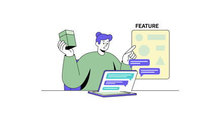 Man at desk with laptop presenting a new software feature.