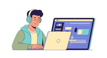 Young man with headphones working on a laptop computer.