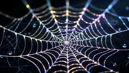 Sparkling dew drops on intricate spiderweb shimmer with vibrant rainbow light creating a magical scene
