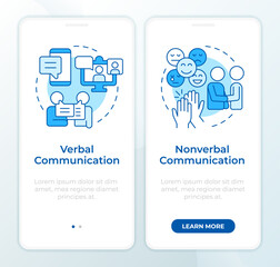 Wall Mural - different communication types blue onboarding mobile app screen. walkthrough 2 steps editable graphi