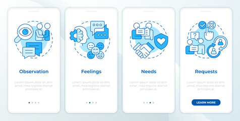 Wall Mural - conflict resolution blue onboarding mobile app screen. social networking. walkthrough 4 steps editab