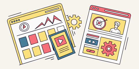 Web design and development concept with website interfaces and gears