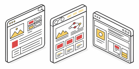 Three isometric web browser windows displaying website layouts