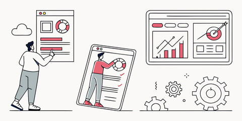 People interacting with website analytics and gears