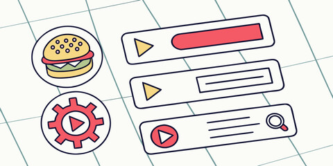 Burger and video player interface with search bar