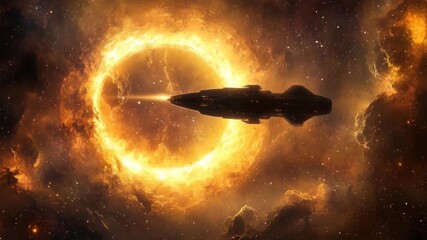 Wall Mural - A spaceship silhouetted against a fiery cosmic ring, captured from a side angle. The scene evokes a cinematic sci-fi video ambiance. Live desktop wallpaper.