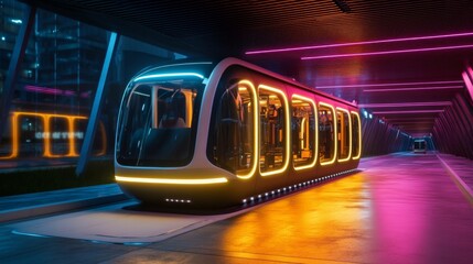 Wall Mural - Futuristic transportation system featuring a sleek autonomous tram. The neon lights create a vibrant atmosphere. Innovation meets design. Generative AI