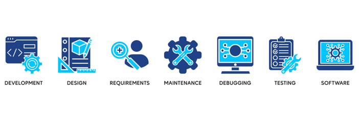 Agile icon set in Blue style Flat vector illustration concept relate to  development, design, requirements, maintenance, debugging, testing and software