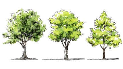 A collection of hand-drawn trees in various styles and colors, showcasing different types of foliage and trunk designs
