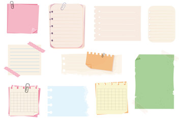 Wall Mural - Set notes, memo pages with paper clip and adhesive tape. Sticky remind blanks, sheets, stickers. Checklist ripped torn edge paper.
