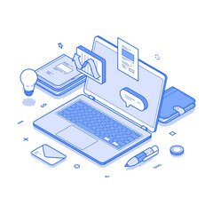 Wall Mural - Remotely work home office laptop making money via internet isometric vector illustration. Coworking space freelance online job business computer workplace dashboard e learning desk technology