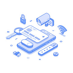 Wall Mural - Credit debit card banking payment security user account mobile app isometric vector illustration. Financial paying bank digital wallet cashless currency transaction e money budget balance management