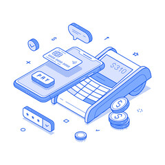 Wall Mural - Easy payment online banking smartphone POS terminal card transaction isometric vector illustration. Financial bank mobile phone e money currency cashless transfer shopping order pay digital technology