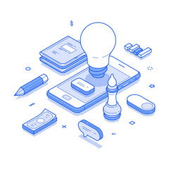 Wall Mural - Business innovation idea analyzing development smartphone application isometric vector illustration. Success brainstorming analysis solution digital technology startup invention creative inspiration