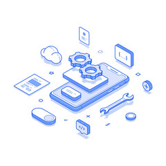 Wall Mural - Mobile app create software development programming interface isometric vector illustration. Smartphone hardware digital technology big data build information engineering communication process