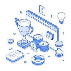 Wall Mural - Online business achievement profit productivity efficiency organization isometric vector illustration. Efficient corporate marketing management strategy finance success work reward financial analyzing